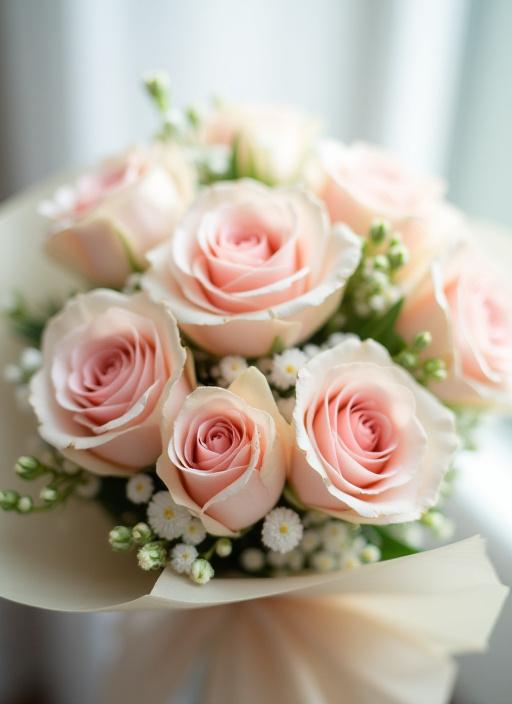 柔らかなピンクのバラを中心としたブーケ